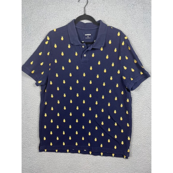 Express Mens Size XL Navy Polo Shirt Pineapple Print - Picture 1 of 14